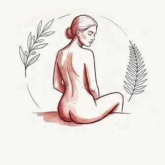 Line_ART-Frau_Spa_Massage_Relax_HannoverMassage Illustration einer sitzenden Frau mit geschlossenen Augen, umgeben von Blättern